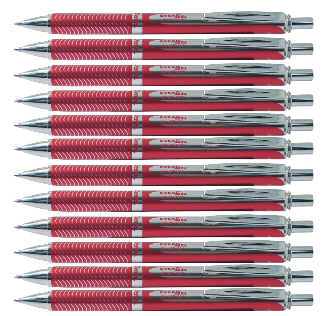 Pentel Energel Retractable Ballpoint Pen with Red Metallic Body - Black Writing - Pack of 12
