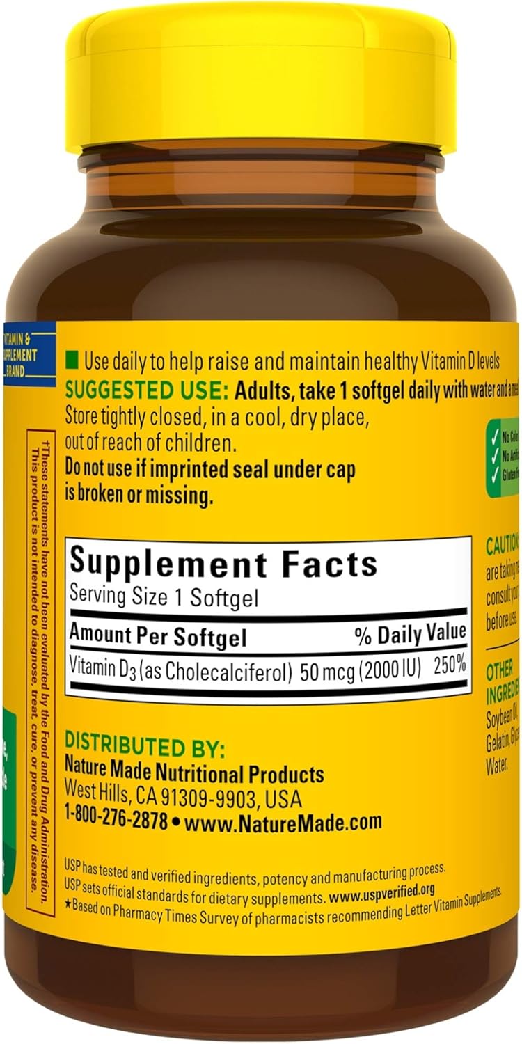 Nature Made Vitamin D3 2000 IU (50 mcg) Softgels, 250 Count Everyday Value Size for Bone Health† (Packaging May Vary): Health & Personal Care
