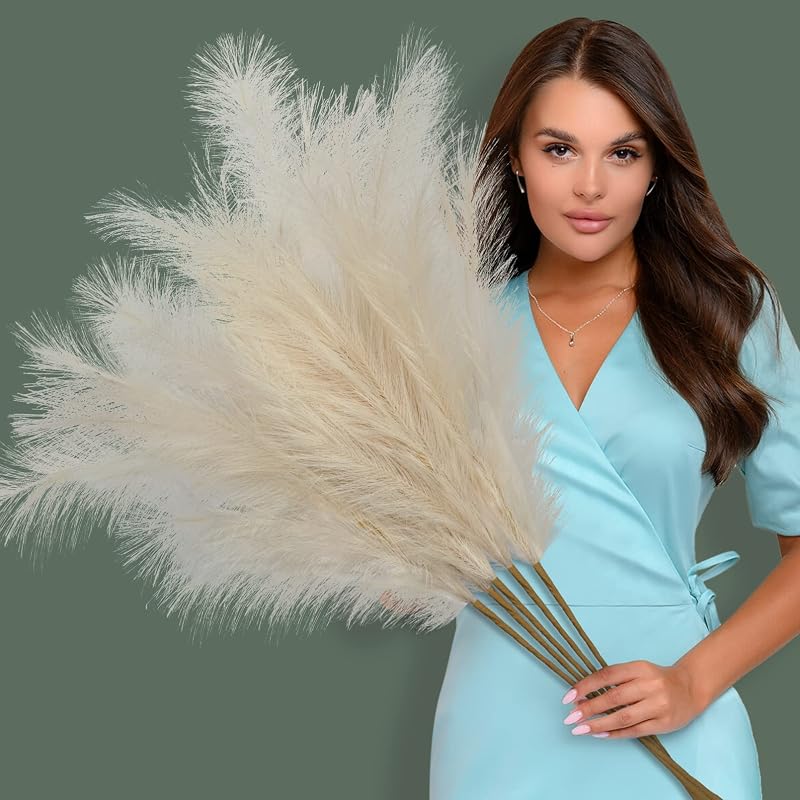 Woltoy Pampas Grass 5 Pcs Dried Look Artificial Stems 96cm Beige Boho
