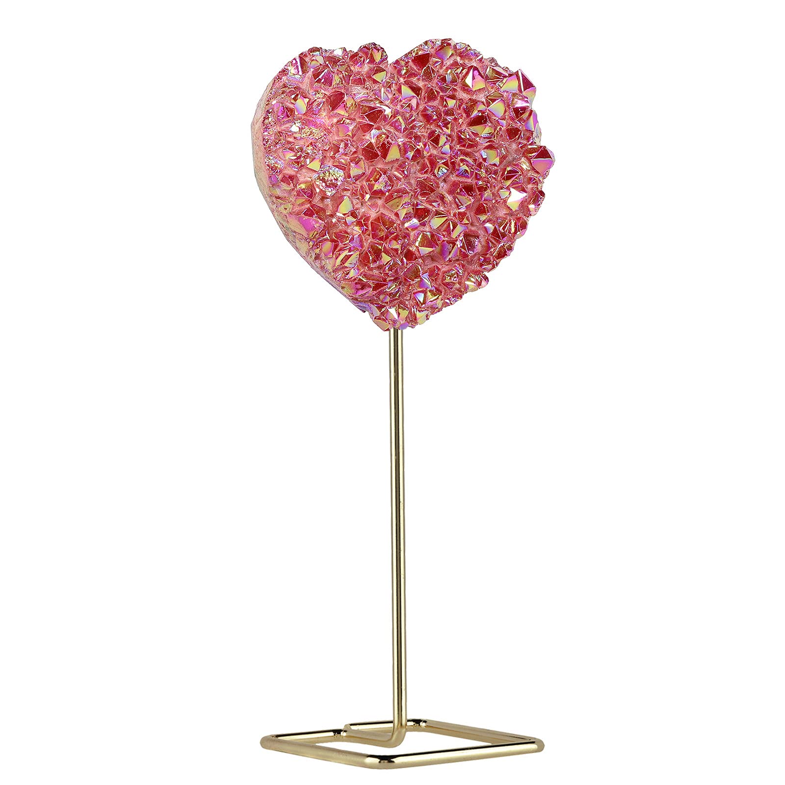 Nupuyai Love Heart Crystal Cluster Stone with Stainless Stand, Red Titanium Coated Rock Quartz Geode Specimen for Reiki Healing Home Decor