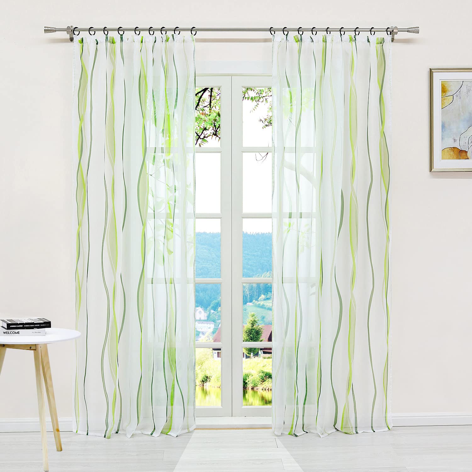 ESLIR Tab-Top Curtain, Voile, Transparent, Waves Pattern, Green, 140 x 145 cm, Pack of 1 — image 1