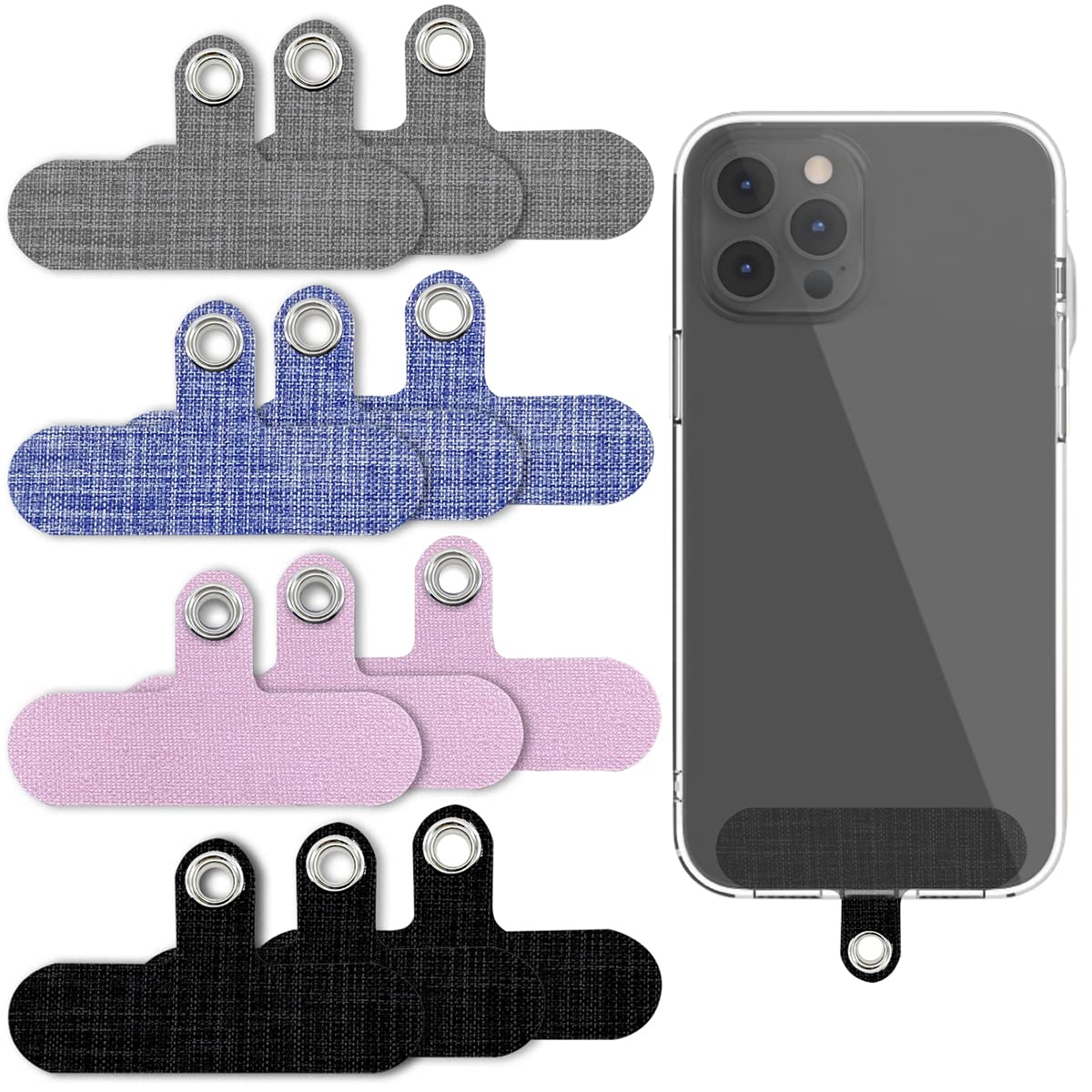 12 Pcs Cell Phone Lanyard Canvas Tether Tab, 4 Colors, Universal Fabric Phone Tether Patch Pad Sticker with Metal Ring Replacement Attachment Cellphone Pad for Smartphone Safety Wrist Neck Strap
