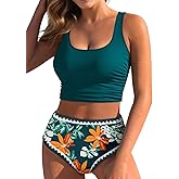 Pink Queen Bikini Set for Women 2026 High Waist Floral Swimsuits 2 Piece Scoop Neck Bathing Suit Color Block Sporty Beachwear