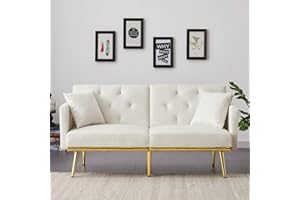 ROCKINGRUN Futon Couch Bed, 59'' Velvet Futon Sofa Bed, Adjustable Backrest, Modern Comfortable Sofa Bed, Stylish Tufted Futon Couch with 6 Metal Support Feet for Living Room, Bedroom (Cream White)