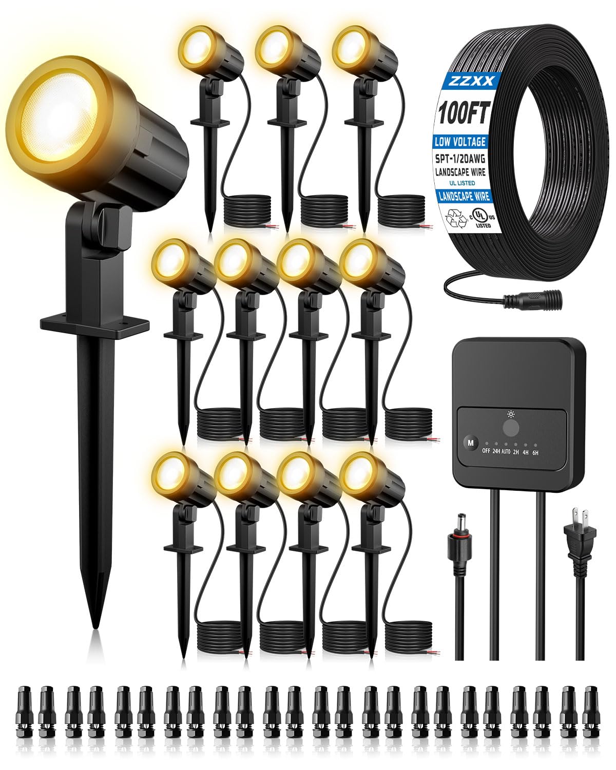 Photo 1 of ZZXX All-in-One Low Voltage Landscape Lighting Kit, 12-Pack LED Landscape Lights with Transformer 100FT Wire and Connectors, 2700K Waterproof Landscape Spot Lights for Garden Yard House Tree