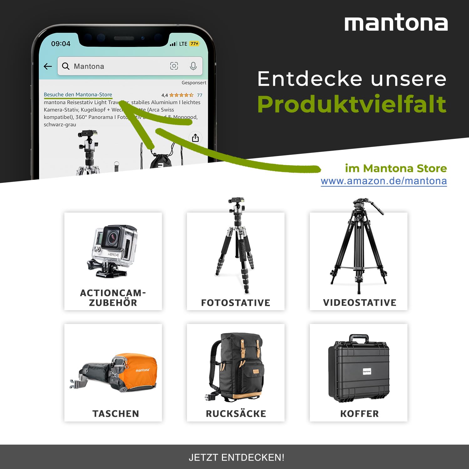 Mantona Gibbo Flex Ministativ 30 cm, Kamera Stativ mit flexiblen Beinen, Dreibein Reisestativ mit 360° Kugelkopf, Smartphonehalterung und Halterung kompatibel mit GoPro 6