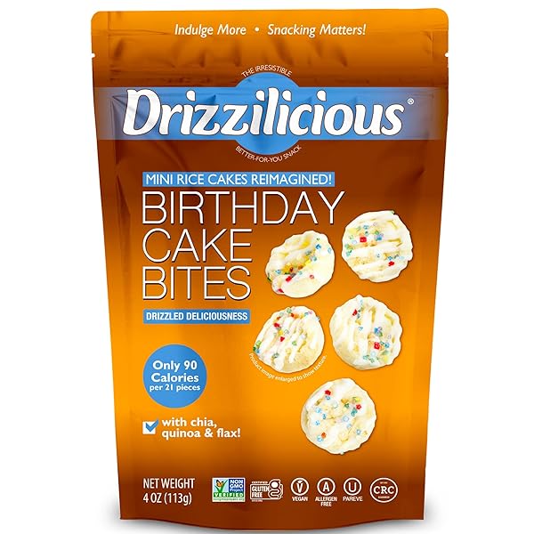 DRIZZILICIOUS MINI FLAVORED RICE CAKES BIRTHDAY CAKE – RICE CRISPS, HEALTHY SNACK FOR ADULTS AND KIDS, VEGAN, GLUTEN FREE SNACK, ALLERGEN FREE, ONLY 90 CALORIES PER 21 PIECES – 4 OZ (PACK OF 1)