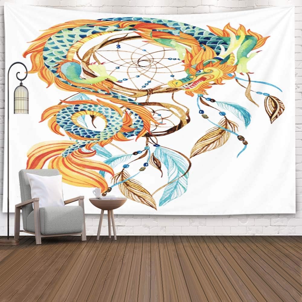 Asdecmoly Tapestry for Men, Tapestry Wall Hanging Living Room Bedroom 60 Lx50 W Inches Chinese Dragdream Catcher Card Watercolethnic Dream Catcher Traditiona Art Printing Inhouse