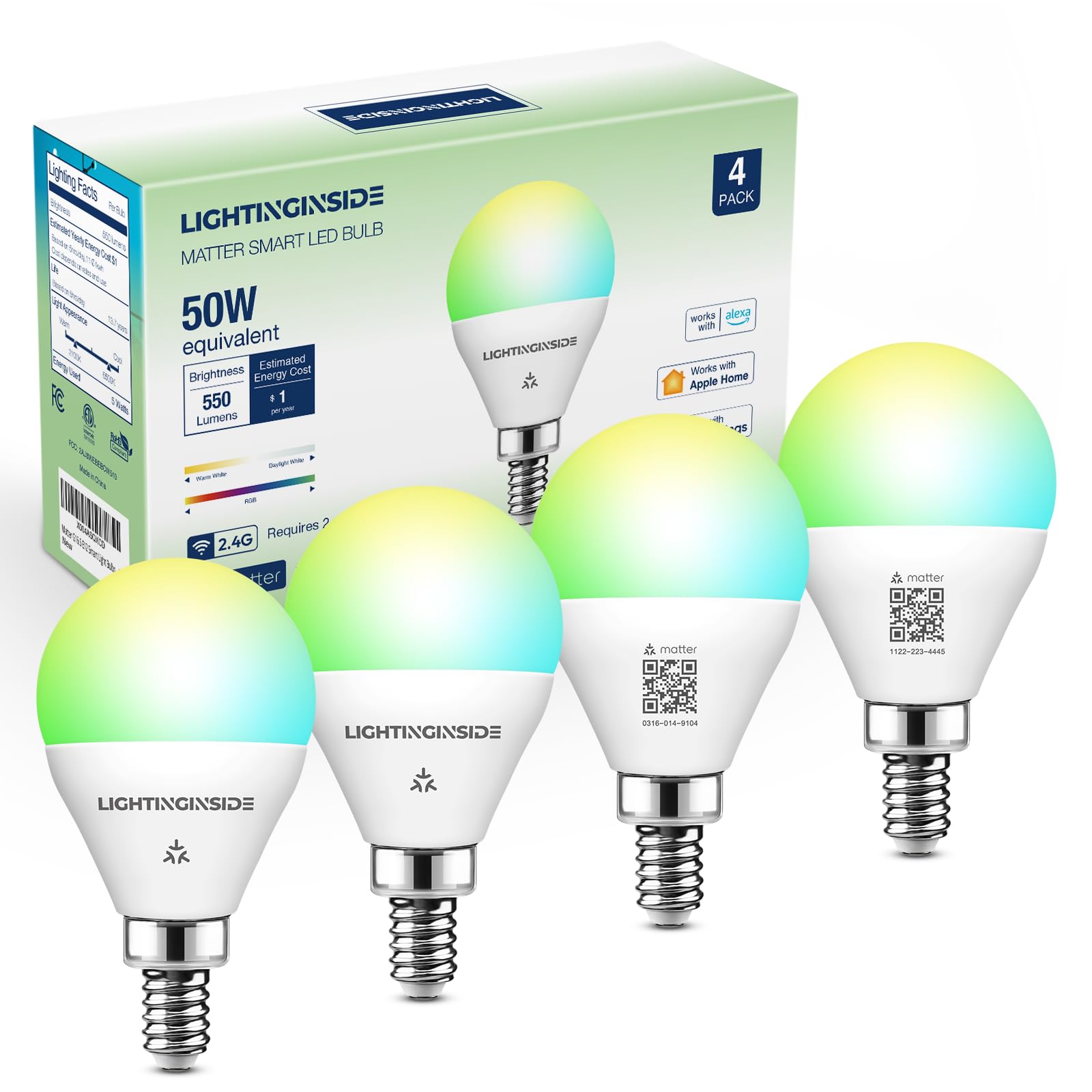 Photo 1 of Lightinginside Matter E12 Smart Light Bulbs 50W Equivalent, Compatible with Alexa/Siri/Apple Home/Google Home/SmartThings, RGBCW G16.5 LED Candelabra Bulbs, 2.4G WiFi, ETL Listed, Hub Required, 4PCS