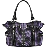 Rise Up Handcuff Goth Punk Rock Black and Purple Plaid Tartan Tote Crossbody Bag Women's Purse