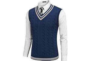 COOFANDY Men's Sweater Vest V Neck Casual Sleeveless Pullover Striped Cable Knit Sweater Vest