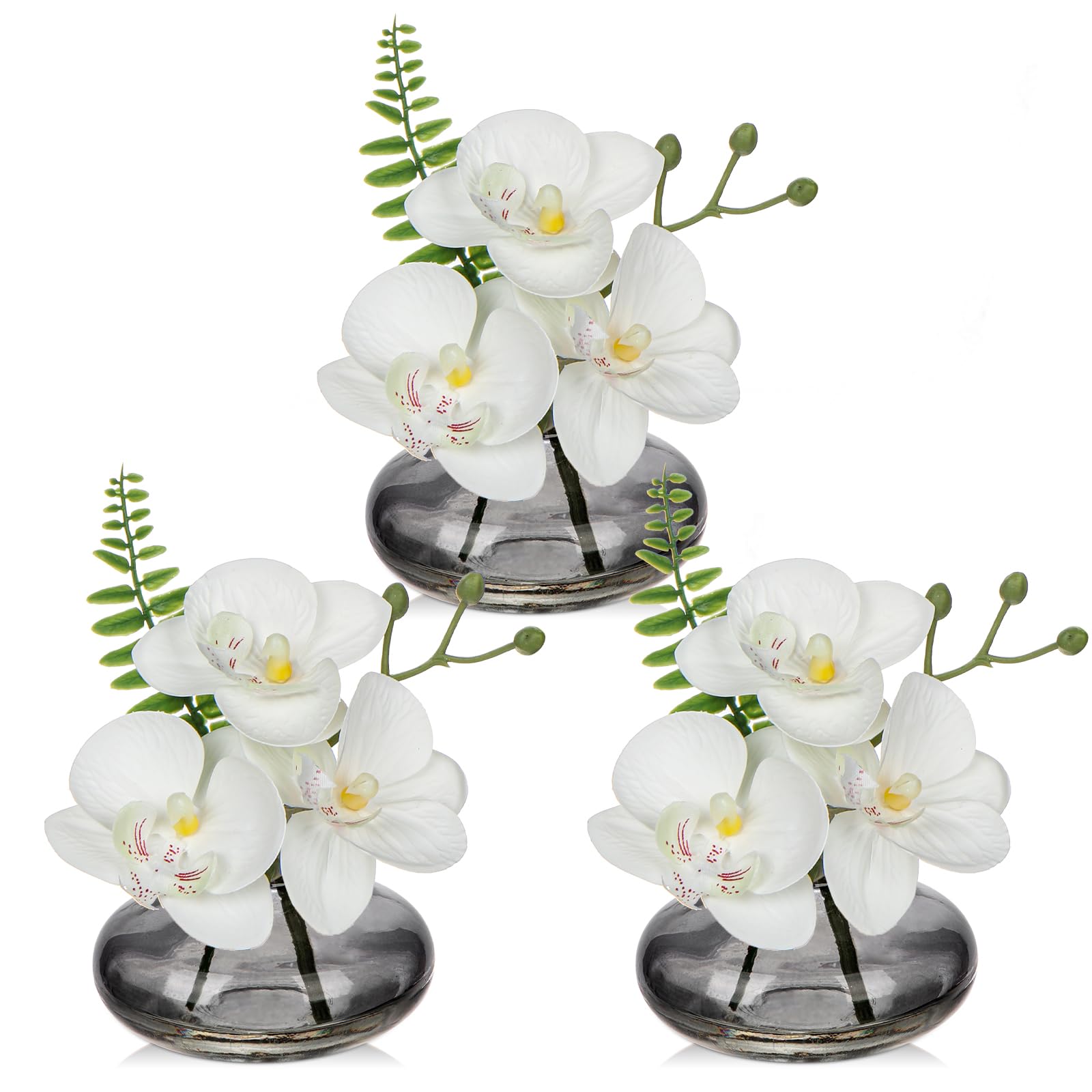 Photo 1 of White Orchids Artificial Flowers Faux Orchids Arrangement in Black Glass Vases Set of 3 Real Touch Phalaenopsis Orchid Flowers Small Fake Orchid Centerpiece for Dining Room Table