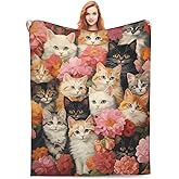 amepay Cute Cat Blanket Gifts for Floral Lovers Girls Women Kitten Flower Flannel Throw Blankets for Home Couch Bed Sofa Soft Christmas Lightweight Decor All Season 60x50 Inches