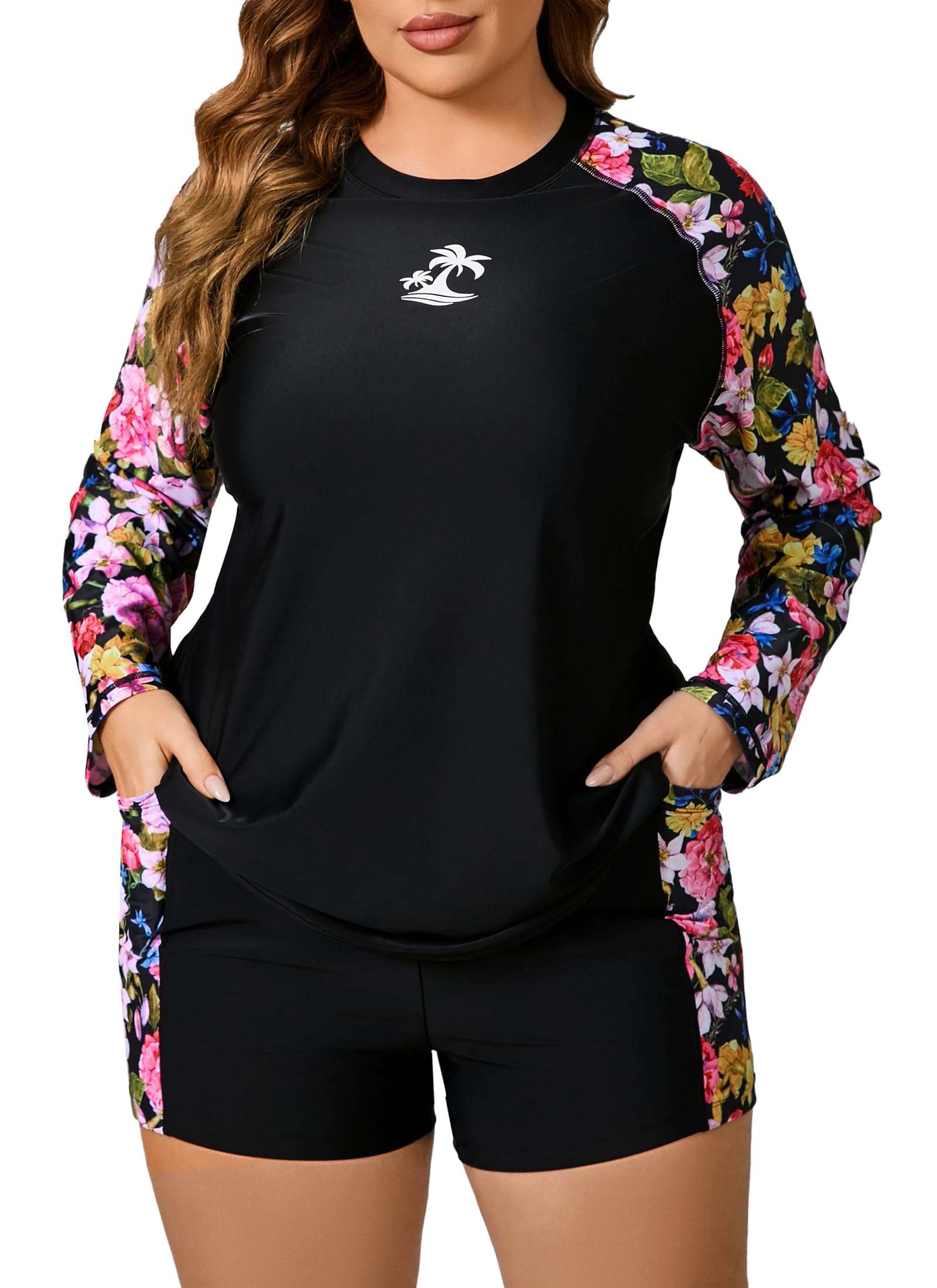 Photo 1 of (3XL) (BAGGED) JOYBIK Women Plus Size Two Piece Long Sleeve Rash Guard Sets Built in Bra Swim Shirt Top and Shorts with Pockets UPF50+ Black Floral 3X