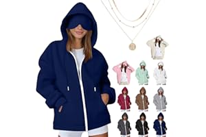 Women's Zip Up Travel Hoodie with Built-in Eye Mask Oversized Airplane Mode Sweatshirt Comfy Long Sleeve Hooded Jacket