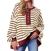 Tankaneo Womens Oversized Striped Sweatshirts Henley Shirts Color Block Casual Pullover Waffle Knit Tops