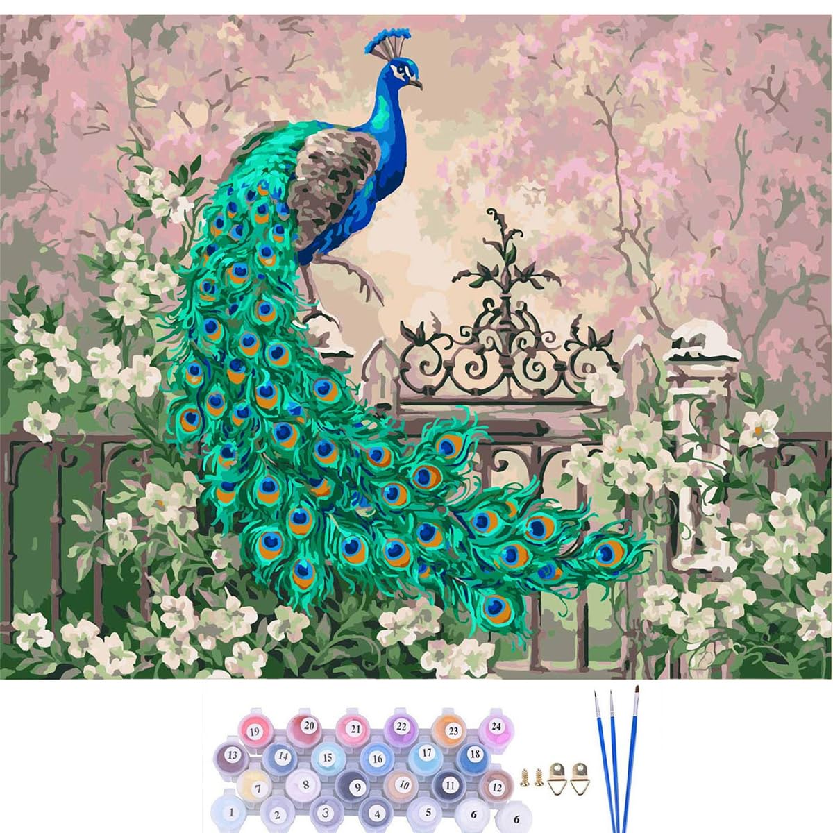 CaptainCrafts New DIY Paint by Numbers 16x20 " for Adults Beginner kit, LINEN Canvas - Amazing Peacock Yutai Linghua (With Frame)