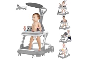 MADEBUT Baby Walker, 5-in-1 Baby Walkers with Wheels, 2-Height Toddler Walker Push with Cushion, Jump Pad, Sunshade, Foldable Baby Walker with Activity Center, Music Disc, Walker for Baby Boy 6-12 Months