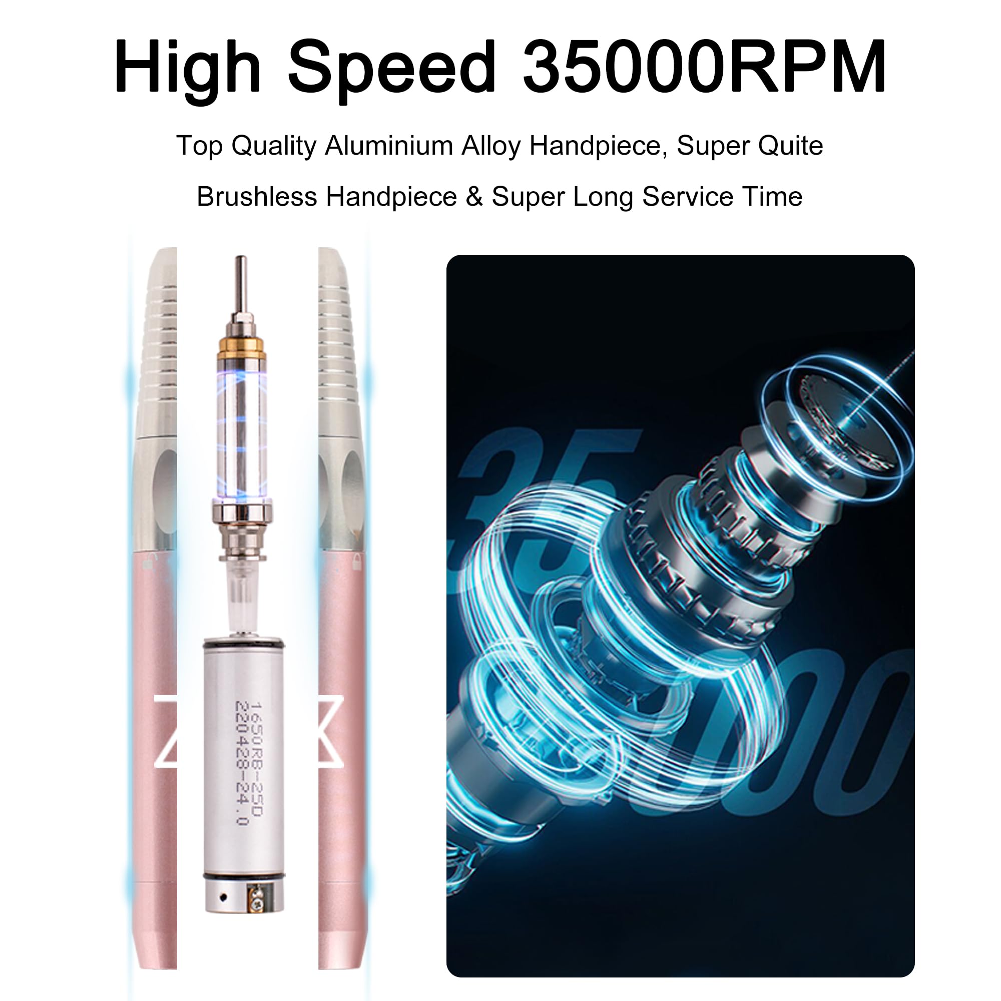 M Max - Nail Drill Professional - 2-in-1 Brushless Motor Nails Drill Machine - Electric, Cordless, Aluminium Alloy Casing, 35000 RPM, HD Display - Perfect for Salon & Home Use (Rose Gold) - Image 9