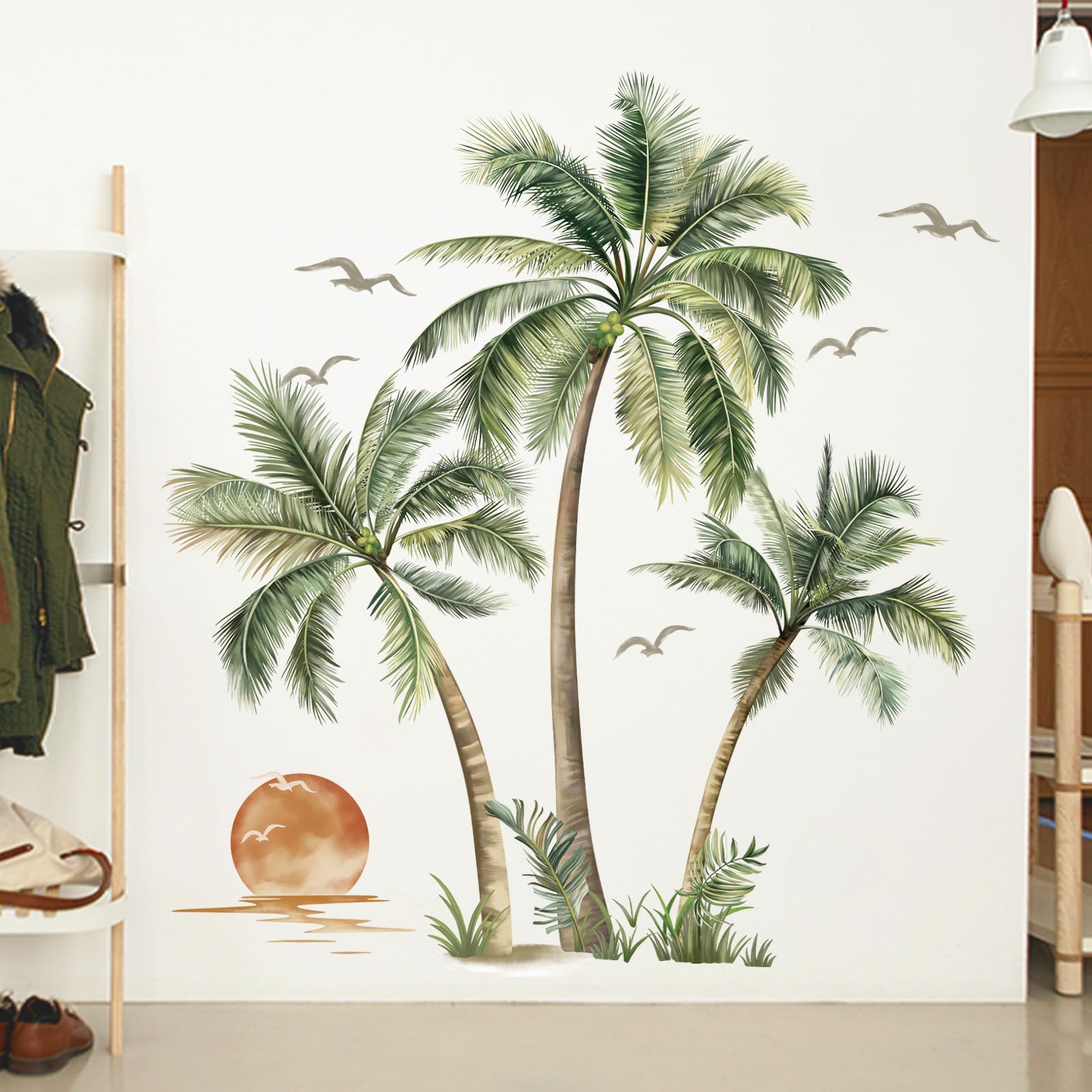 decalmile Boho Palm Tree Wall Stickers Tropical Plant Sunset Wall Decals Living Room Bedroom Office Wall Decor (Tree H: 53 inches/135 cm)