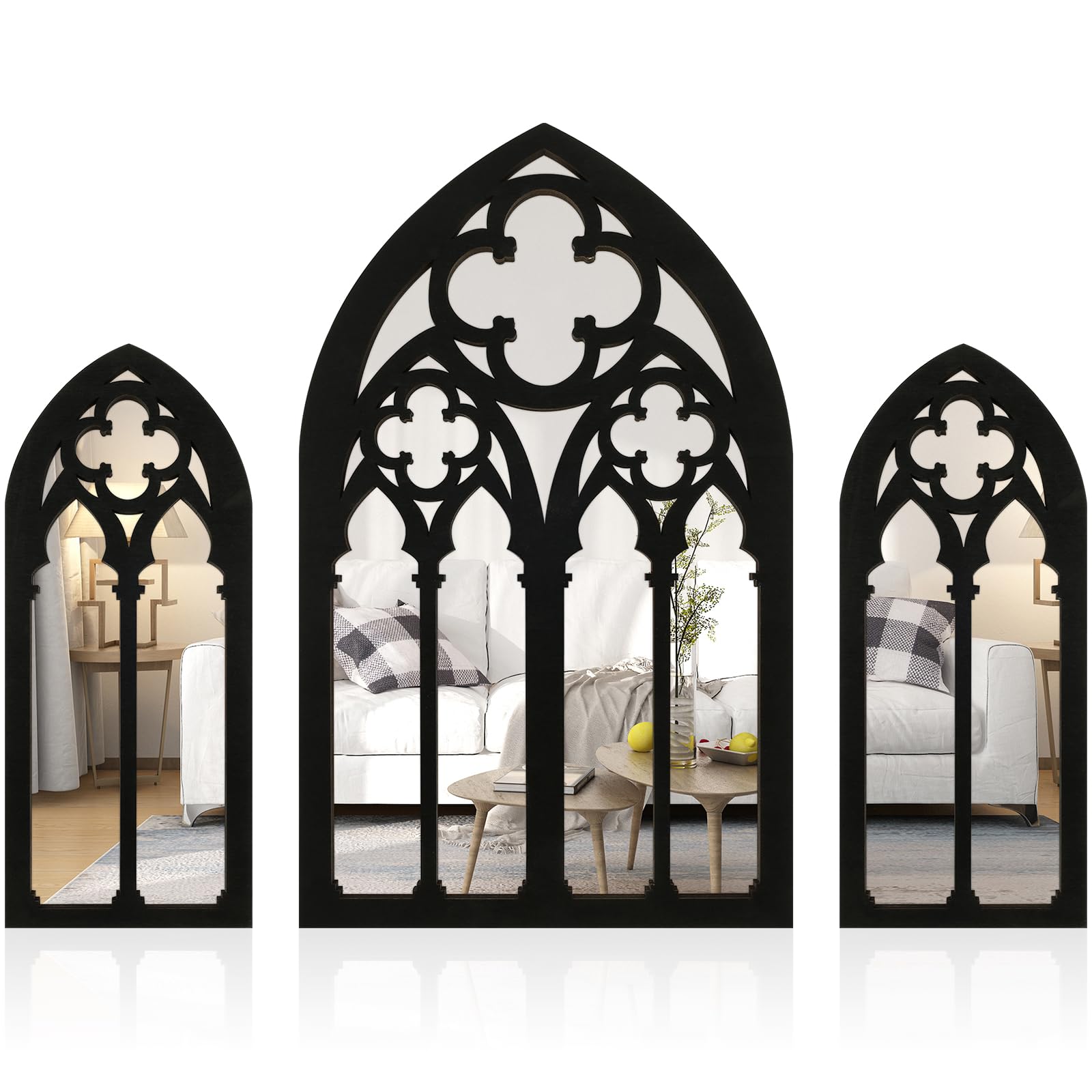 Foribyw 3Pcs Gothic Mirrors Wall Decor Arched Window Mirror Wall Mounted Goth Vintage Cathedral Window Mirror Sticker with Wood Framed Entry Mirror for Living Room Bedroom Decor