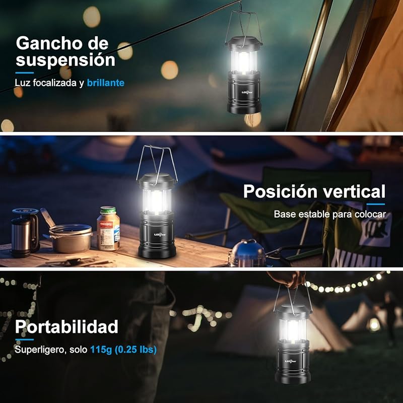 Paquete de 2 linternas LED para acampar, lampara camping, kit de supervivencia para huracanes, emergencias, tormentas, apagones (negro, plegable)