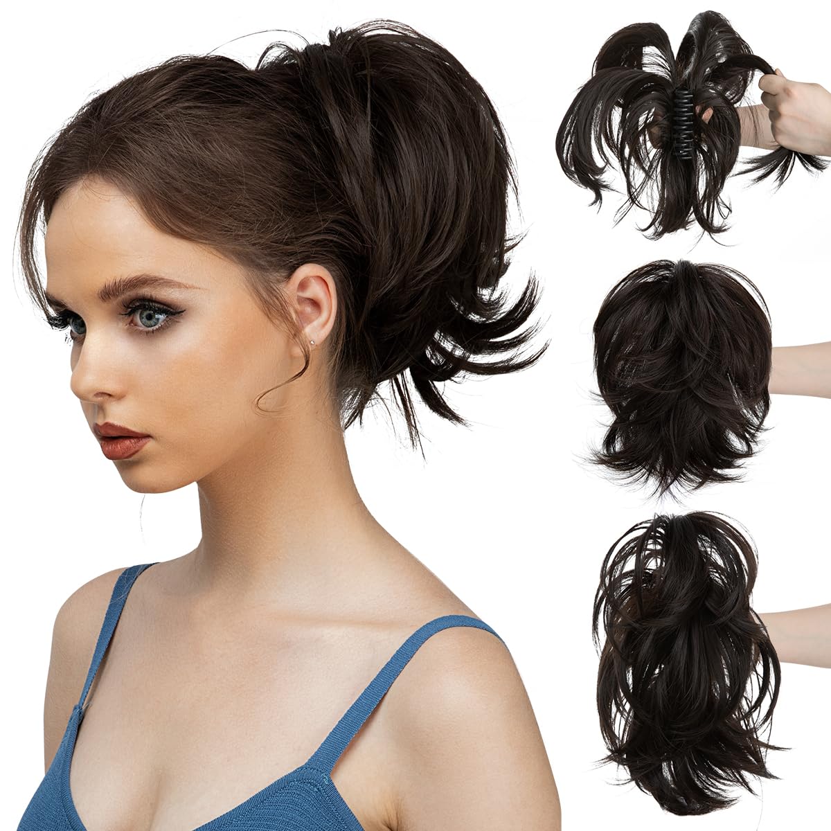 CJL HAIR Claw Clip Short Ponytail Hair Extensions DIY Bendable Metals Messy Bun Hair Piece for Wonen Straight Synthetic Fake Hairpieces Black Brown — image 1