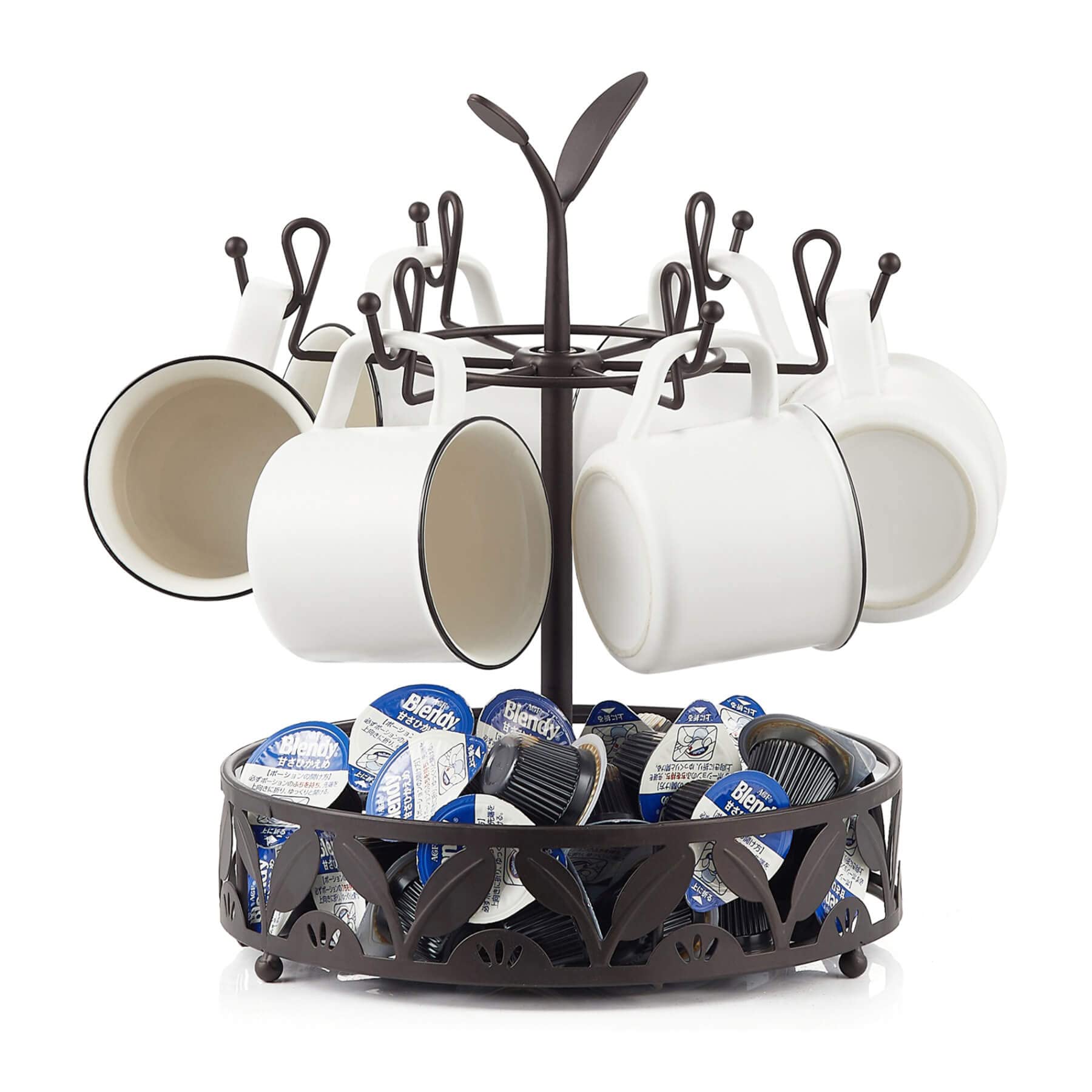 Ouseen Coffee Mug Holder with Coffee Pod Basket Storage, Rotatable 6-Capacity Cup Mug Holder Tree, Coffee Counter Bar Accessory & Kitchen Organizer