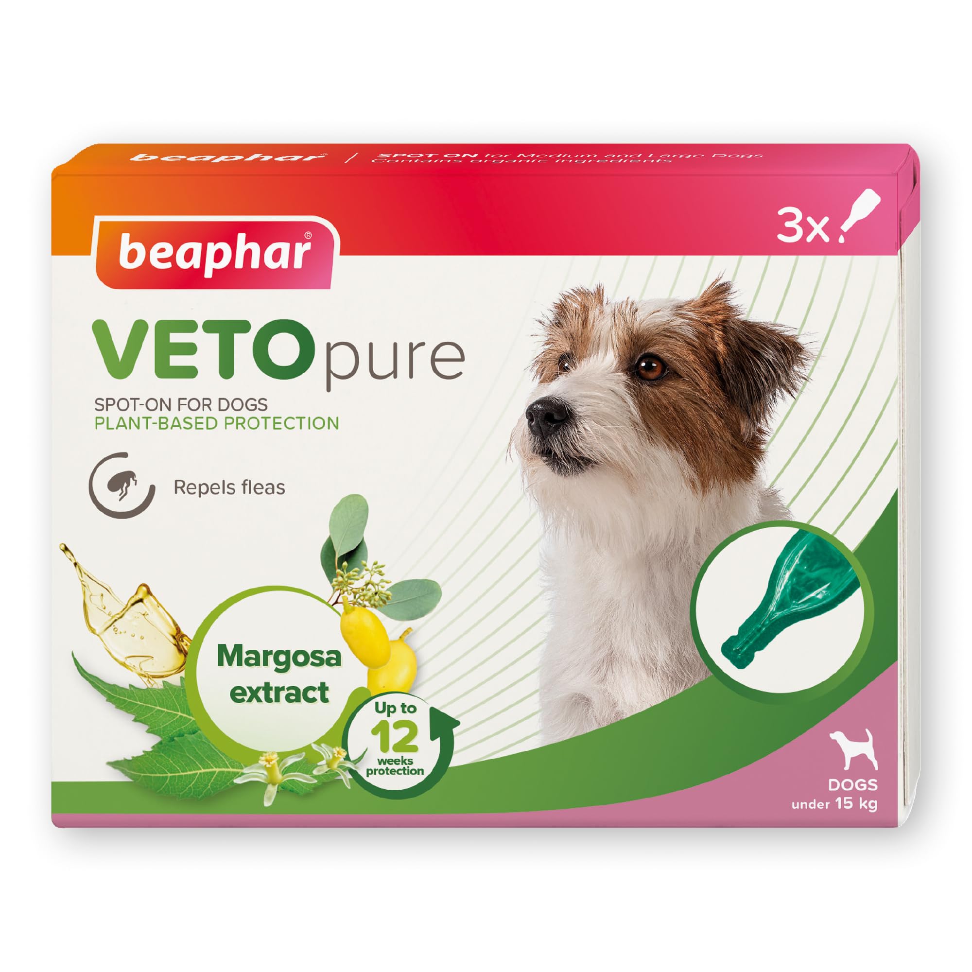 Beaphar – VETOpure Flea Spot On for Dogs under 15kg, 3 pipettes – Plant-Based Protection – Repels Fleas for up to 4 Weeks – Pack Provides up to 12 Weeks Protection – Contains Margosa