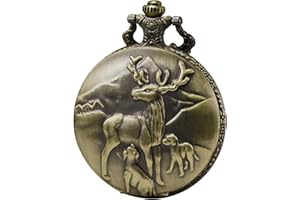 MORFONG Unisex Pocket Watch Quartz Deer Pattern Fob Watches Vintage Bronze with Chani & Box