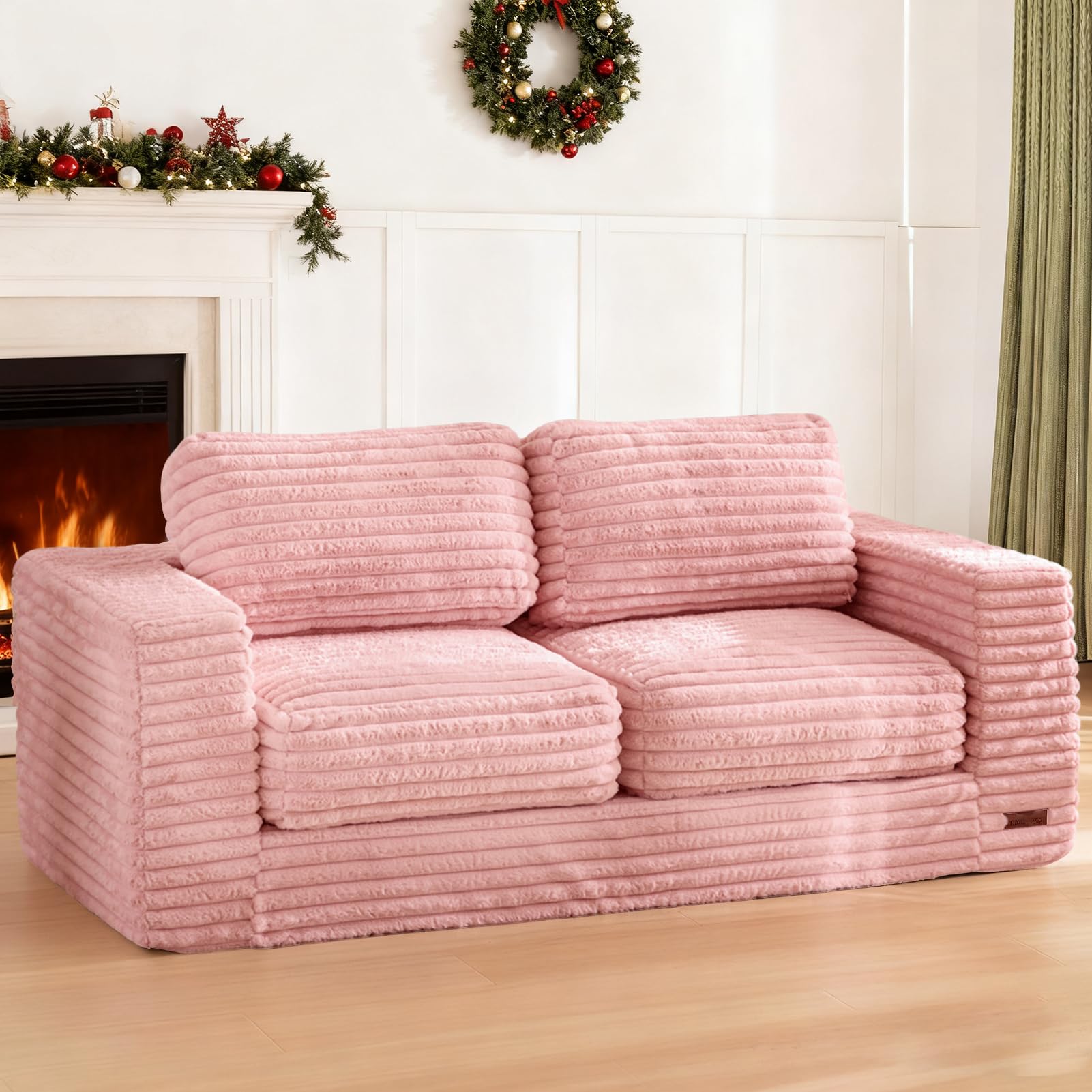 Photo 1 of MAXYOYO Bean Bag Chair, Two-seat Bean Bag Sofa with Pillows and Armrests for Adults, Upholstered Loveseat Floor Sofa Couch Fluffy Chair Bean Bag Couch for Bedroom Living Room, Pink
