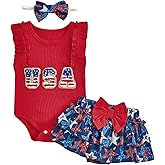 4th of July Baby Girl Outfit USA Ribbed Knit Romper+Ruffle Skirt Shorts+Headband Fourth of July Clothes Newborn Set