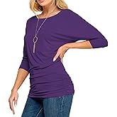 Made By Johnny Women's Casual Boat Neck and V-Neck 3/4 Sleeve Draped Dolman Top with Side Shirring Premium Shirt