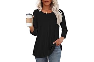 ADOREJOY Womens Tops 3/4 Length Sleeve Crew Neck Casual Blouses Dressy Outfits Pleated Front T Shirts Curved Hem Tunic Tee