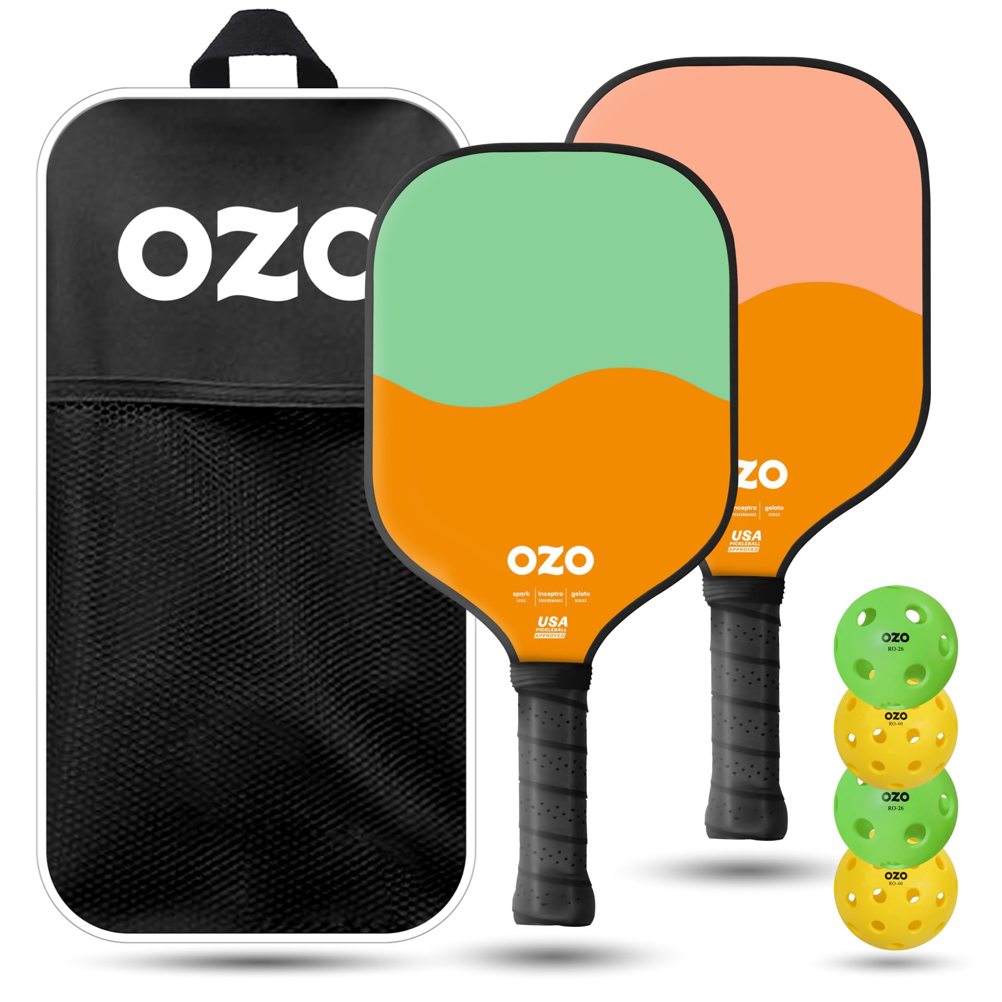 OZO Pickleball - Set of 2 paddles + 4 balls - Spark Inceptra Gelato (Beginner Control) +Indoor & Outdoor Balls + Carrying bag, Pistachio & Melon + Strawberry & Melon