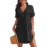 AI'MAGE Beach Cover Ups for Women Short Sleeve Swimsuit Coverup Button Down Bikini Bathing Suit Cover Up Dress Shirt