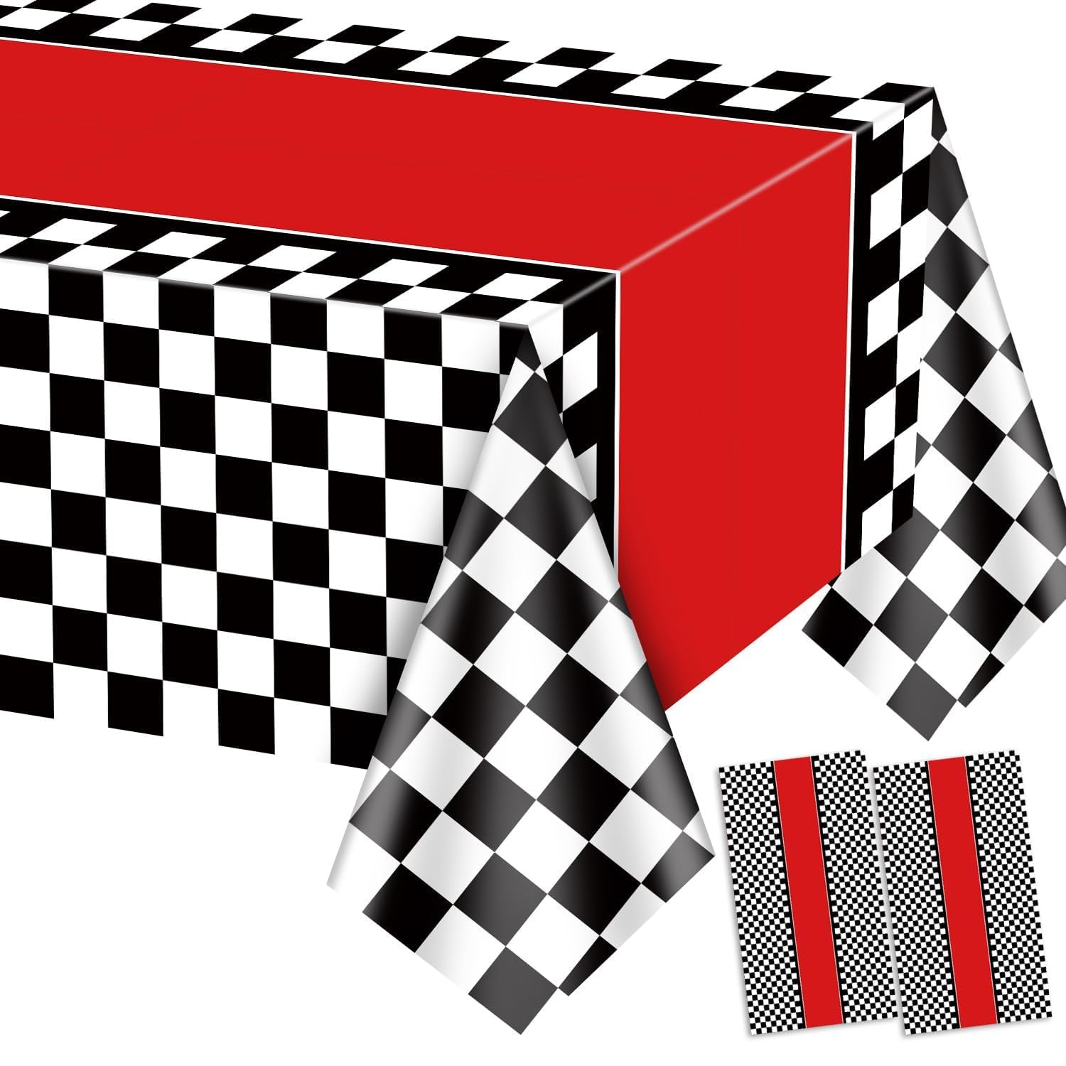 PIXHOTUL 2 Pieces Racing Car Tablecloths, Race Car Birthday Party Decorations Black Checkered Plastic Table Cover Table Runner for Kid Boy Birthday, Race Car Theme Party, 130 x 220 cm