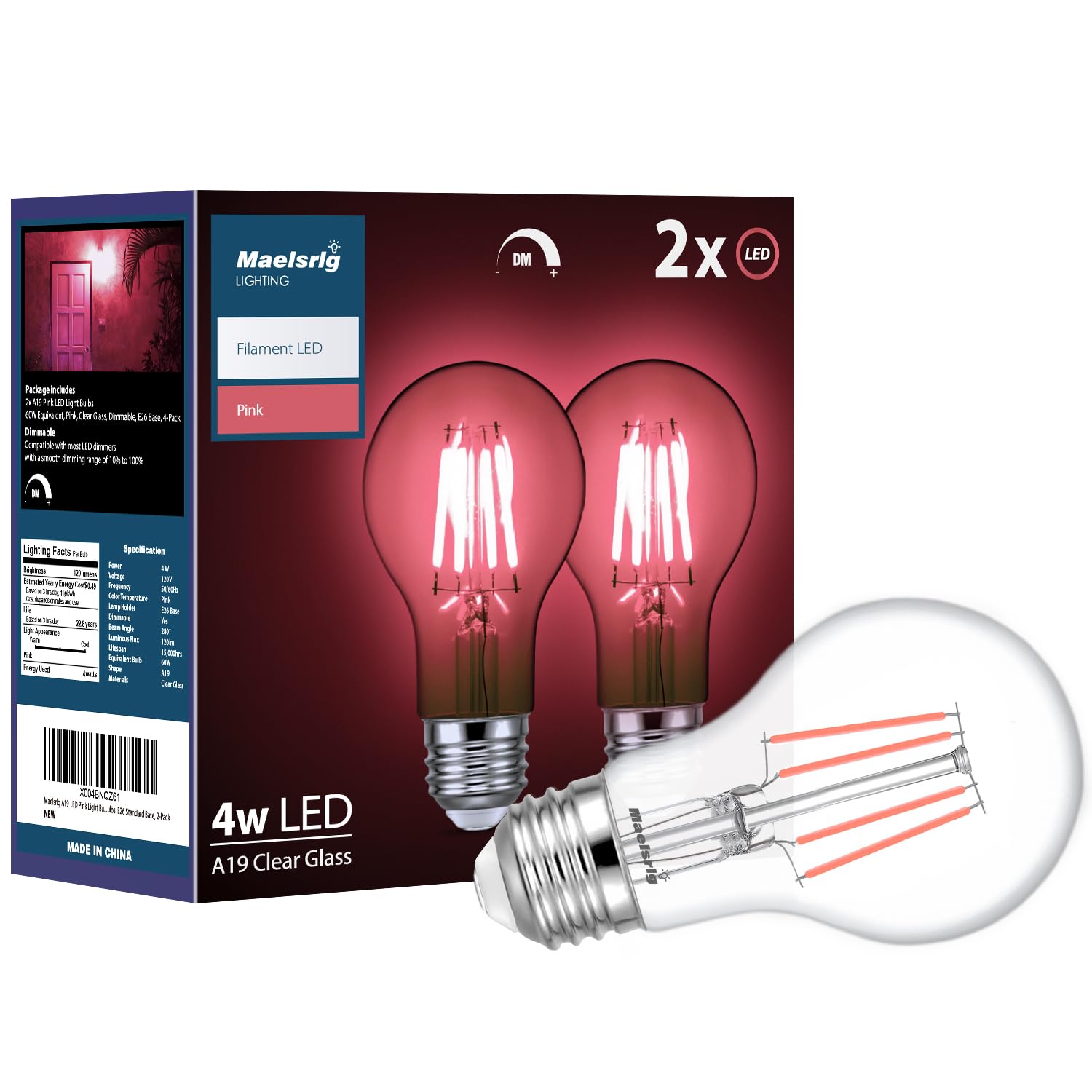 Maelsrlg Pink Light Bulb, 4 Watts, A19 Colored LED Filament Bulbs