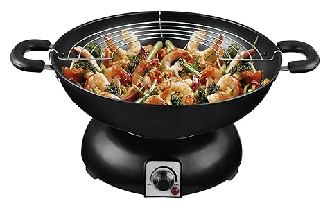 Team Kalorik Elektrischer Wok, 3 Liter Fassungsvermögen, Gitterrost, Glasdeckel, Holzspatel, Ø 29,5 cm, 1200 W, Schwarz, TKG 