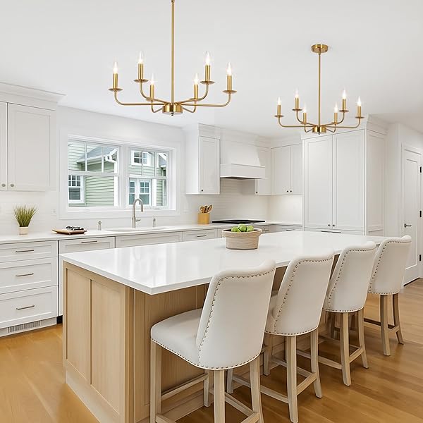 JZQWCK MODERN FARMHOUSE GOLD CHANDELIER FOR DINING ROOM, 6 LIGHTS RUSTIC CANDLE GOLD CHANDELIER LIGHT FIXTURE ADJUSTABLE HEIGHT CEILING HANGING LIGHTING FOR LIVING ROOM, KITCHEN, ENTRYWAY, FOYER
