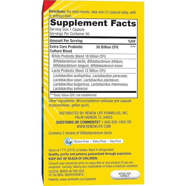 RENEW LIFE EXTRA CARE ULTIMATE FLORA PROBIOTIC SUPPLEMENT, 30 BILLION, 50 VEGETARIAN CAPSULES