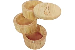 3-Tier Wooden Salt Cellar with Built-in Spoon & Magnetic Swivel Lid, Eco-Friendly Spice Storage Box for Herbs, Seasonings & K