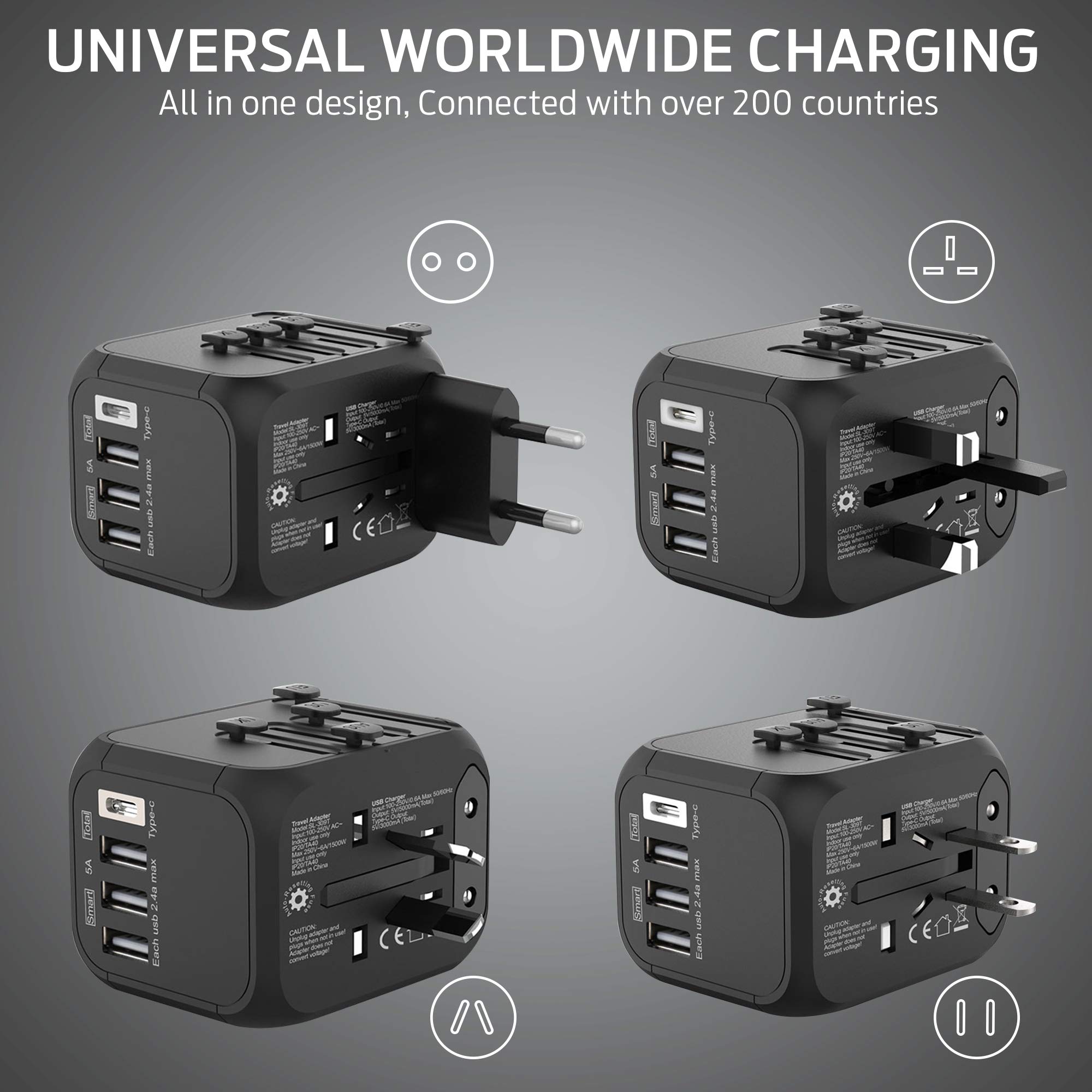 International Travel Adapter - Smart Plug Socket Converter for Europe, Asia, Africa, America - World Travel Adapter with USB, Type-C Wall Outlet Charger - Plug and Lock, Safety Surge Protection
