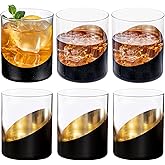 MyGift 12 oz Modern Cocktail Glasses with Slanted Matte Black and Gold Tone Plated Design, Angled Dipped Design Double Old Fashioned Lowball Whiskey Rocks Drinking Glass, Set of 6