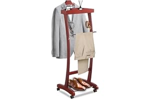 MLIKYRGK Wooden Suit Valet Stand, with Wheels mobile Floor Standing Suit Coat Stand With Contour Hanger Trouser Bar And Top Storage Tray, Freestanding Valet Stand for Men Women Office Living Room Wine red
