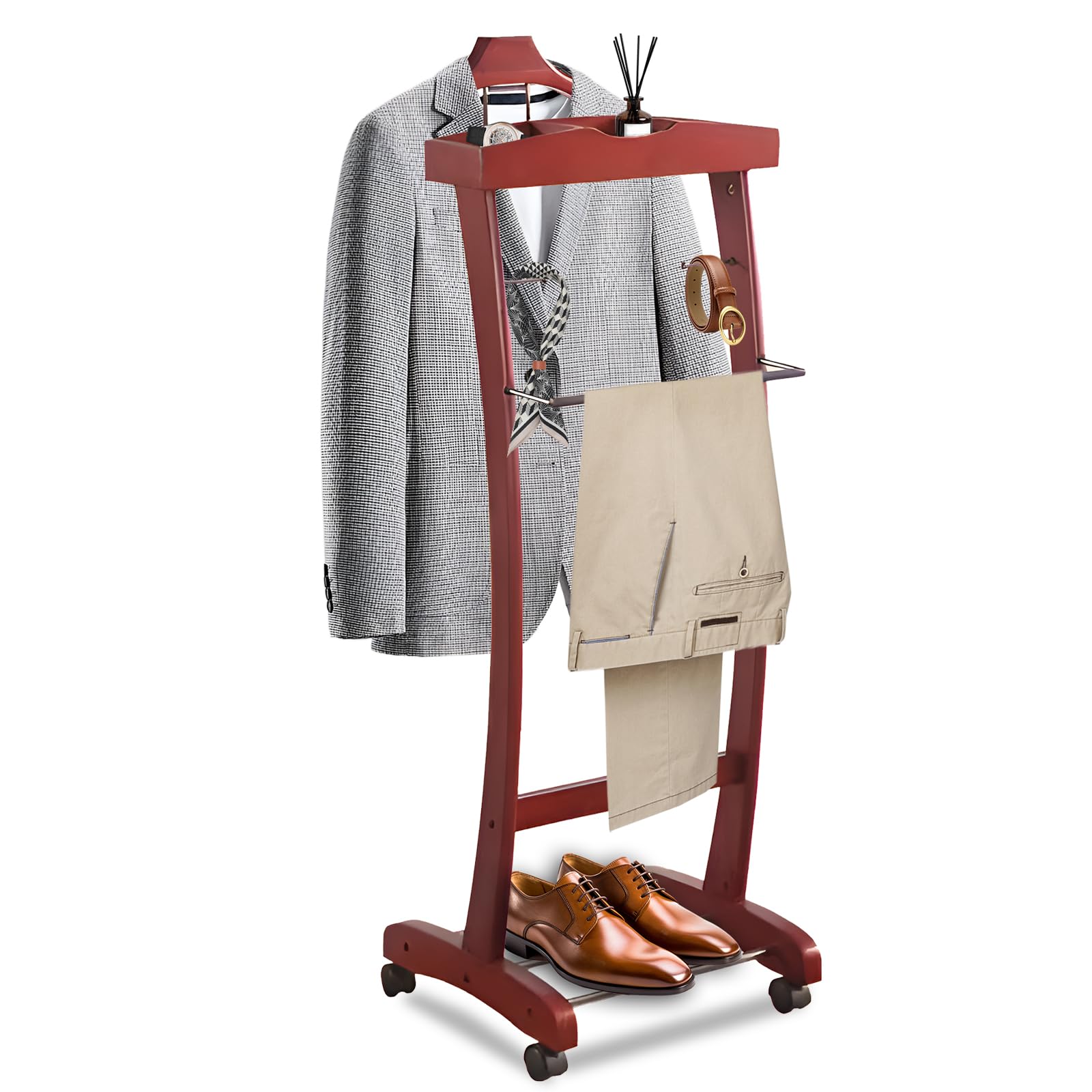 Wooden Suit Valet Stand, with Wheels mobile Floor