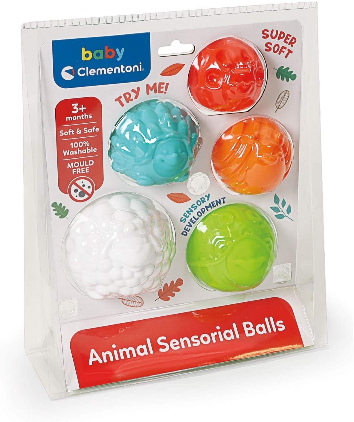 Clementoni Disney Baby Animal Sensory Ball, 5 Sensory Balls for Babies 3+ Months, with Different Animal Shapes and Different Textures and Colours, Washable, Sanitizable and Mildewproof, 17454