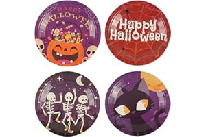 BOKFJBP 48PCS Halloween Plates 7 inch, Halloween Paper Plates Halloween Party Plates in 4 Designs - Cat Pumpkin Skeleton Happy Halloween Dinnerware for Halloween Decorations
