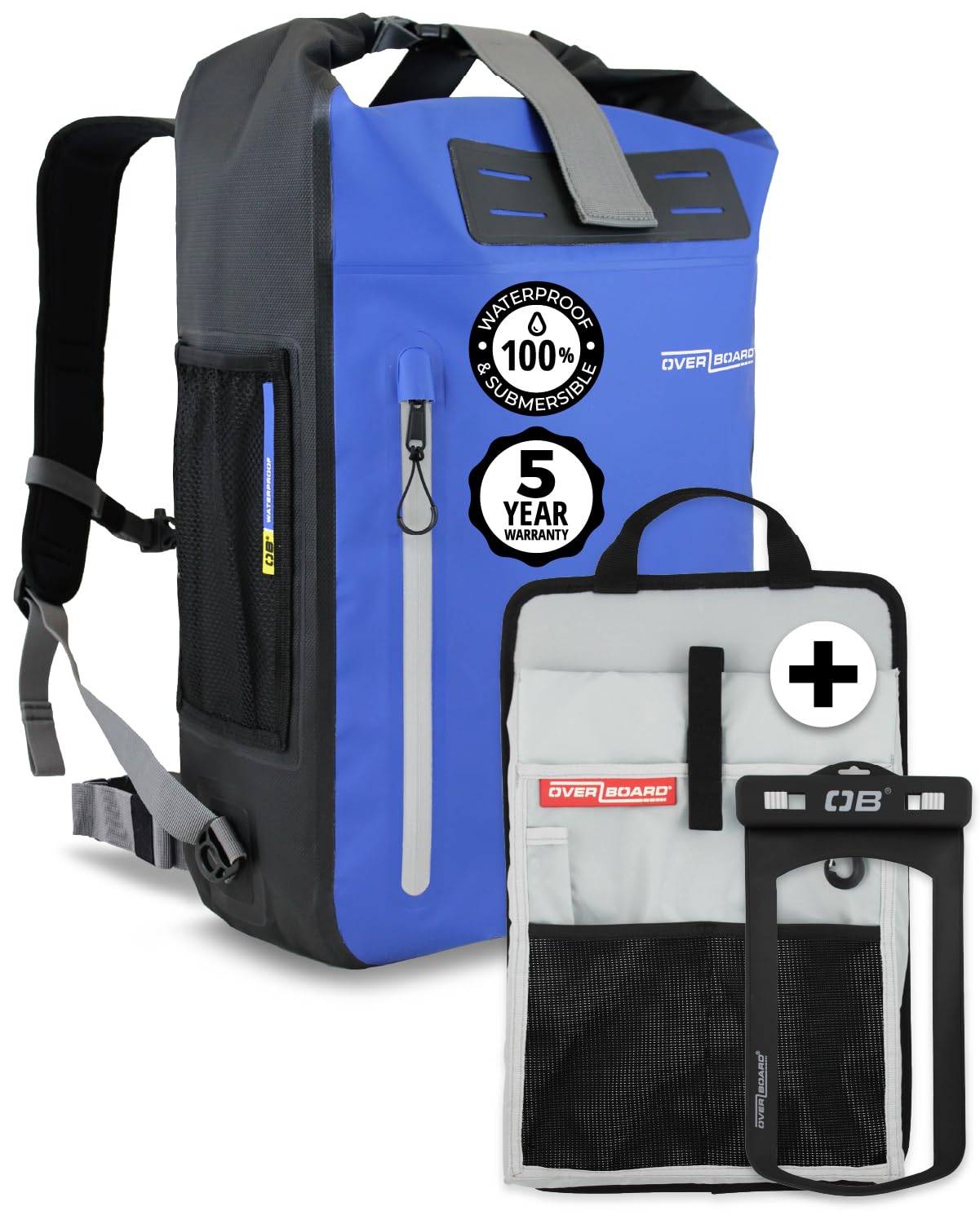 OverBoard Blue Explorer Waterproof Backpack 45L Bundle | Roll Top Floating Dry Bag for Kayaking, Beach, Boating, Hiking, Rafting | Includes Waterproof Phone Case and Backpack Organiser (Blue,45 Litre)