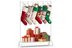 GloTika Christmas Stocking Holder Stand with Gifts Shelve, Heavy Duty Freestanding Christmas Stocking Holder with 8 Hooks, Metal Stocking Hanger with Adjustable Feet, Holiday Hanger Display for Floor